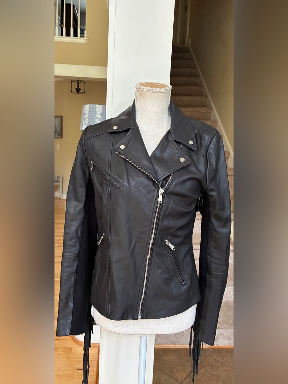 Trouve Black Genuine Leather Moto Jacket with Fringe